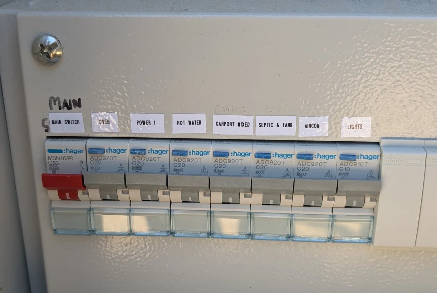 A fully populated switchboard with every circuit labelled and no spare ways