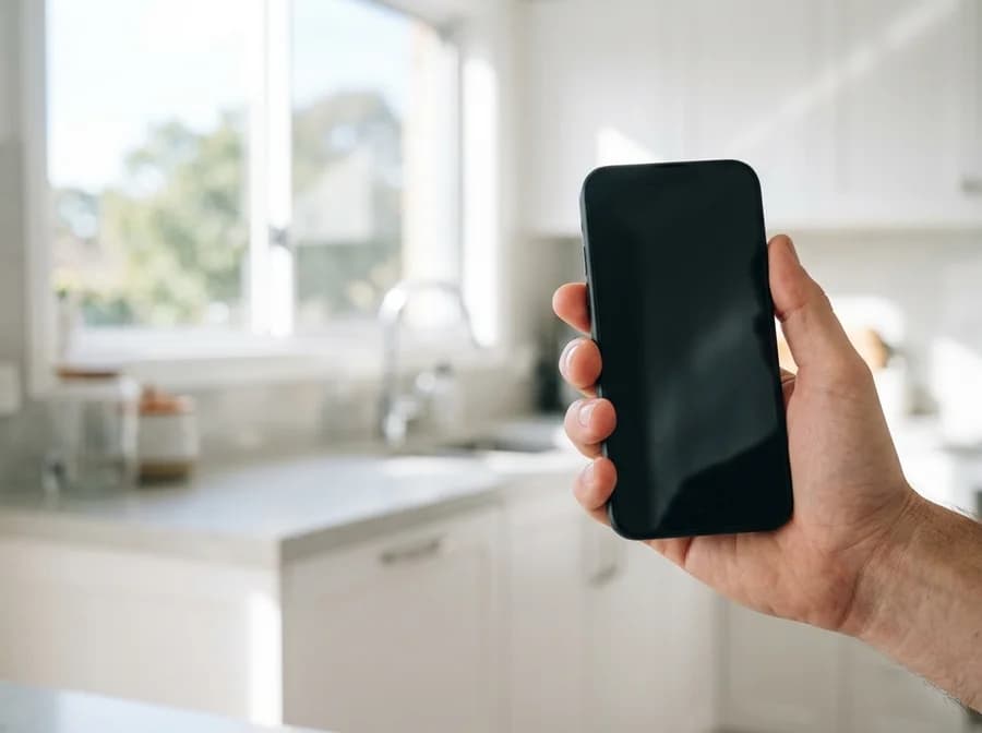 A hand holding a phone in a bright kitchen, about to call for a quote