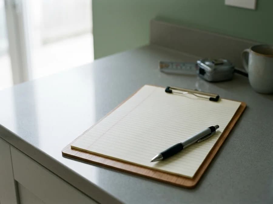 A clipboard and pen on a benchtop, ready to write up a fixed price