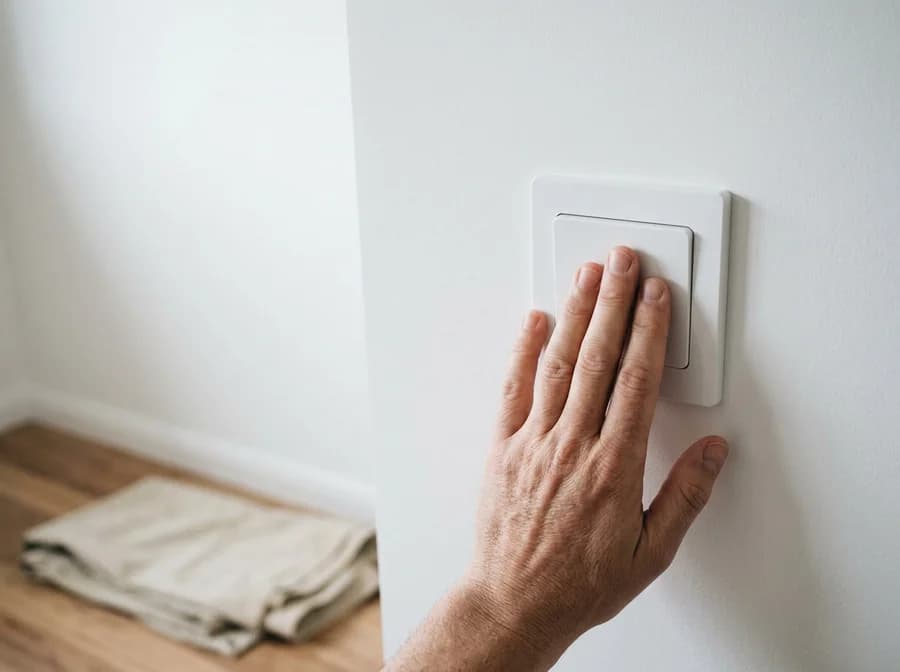 A hand setting a new white wall switch flush, a folded drop sheet on the swept floor below