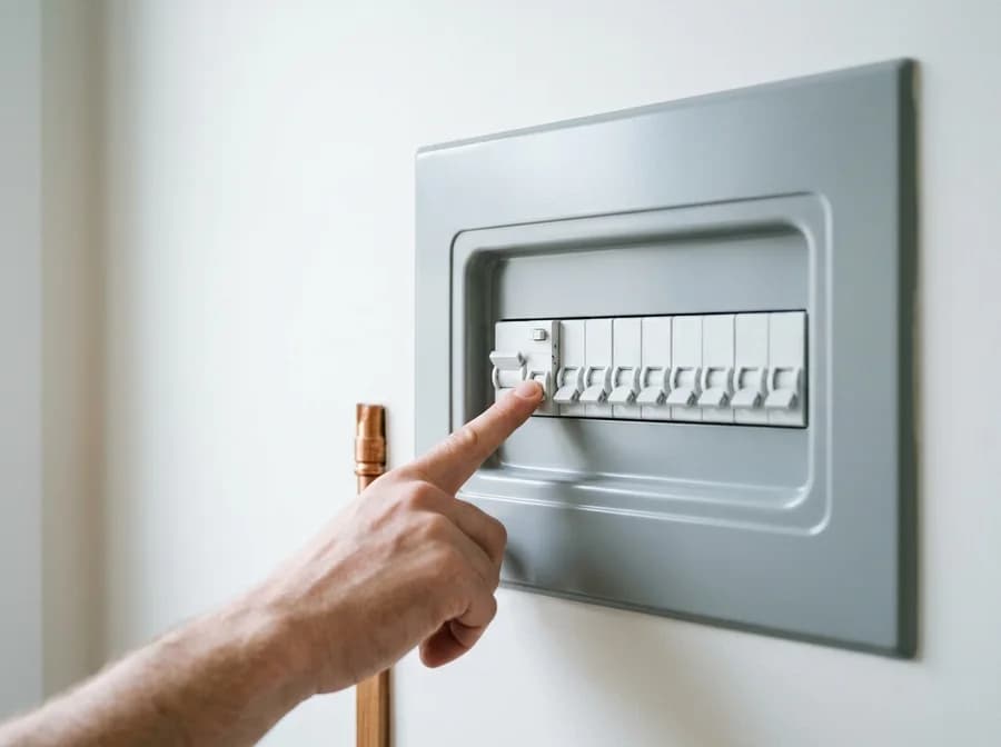 A finger pressing the test button on a safety switch in a finished switchboard