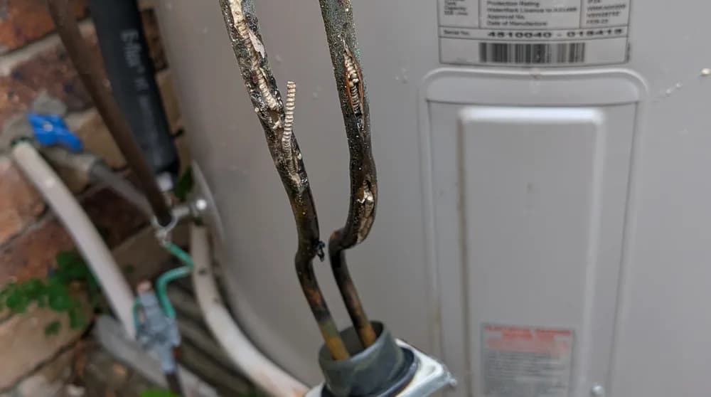 A corroded heating element removed from an electric hot water cylinder