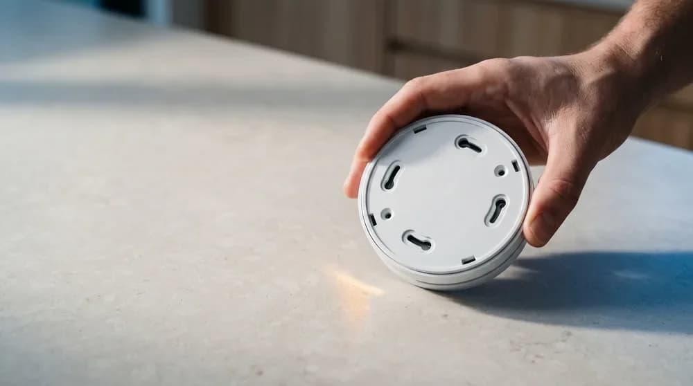 A sealed 10-year lithium smoke alarm beside a hardwired unit