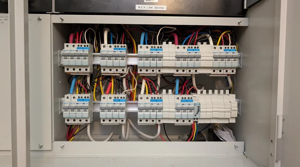 An open switchboard showing rows of circuit breakers and wiring