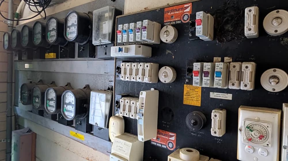 An ageing switchboard with old ceramic rewireable fuses