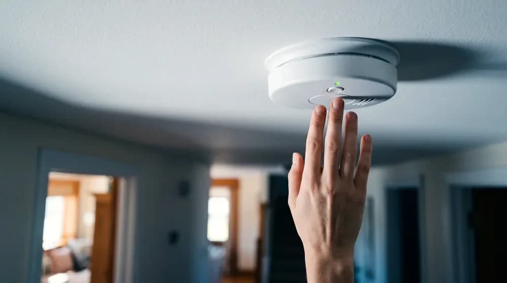 A hand pressing the test button on a flush-mounted smoke alarm