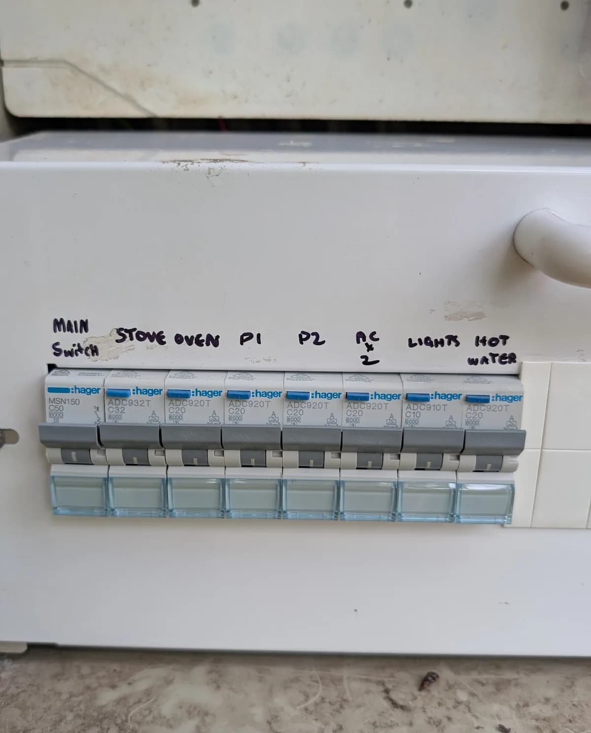 A labelled residential switchboard with the cover open