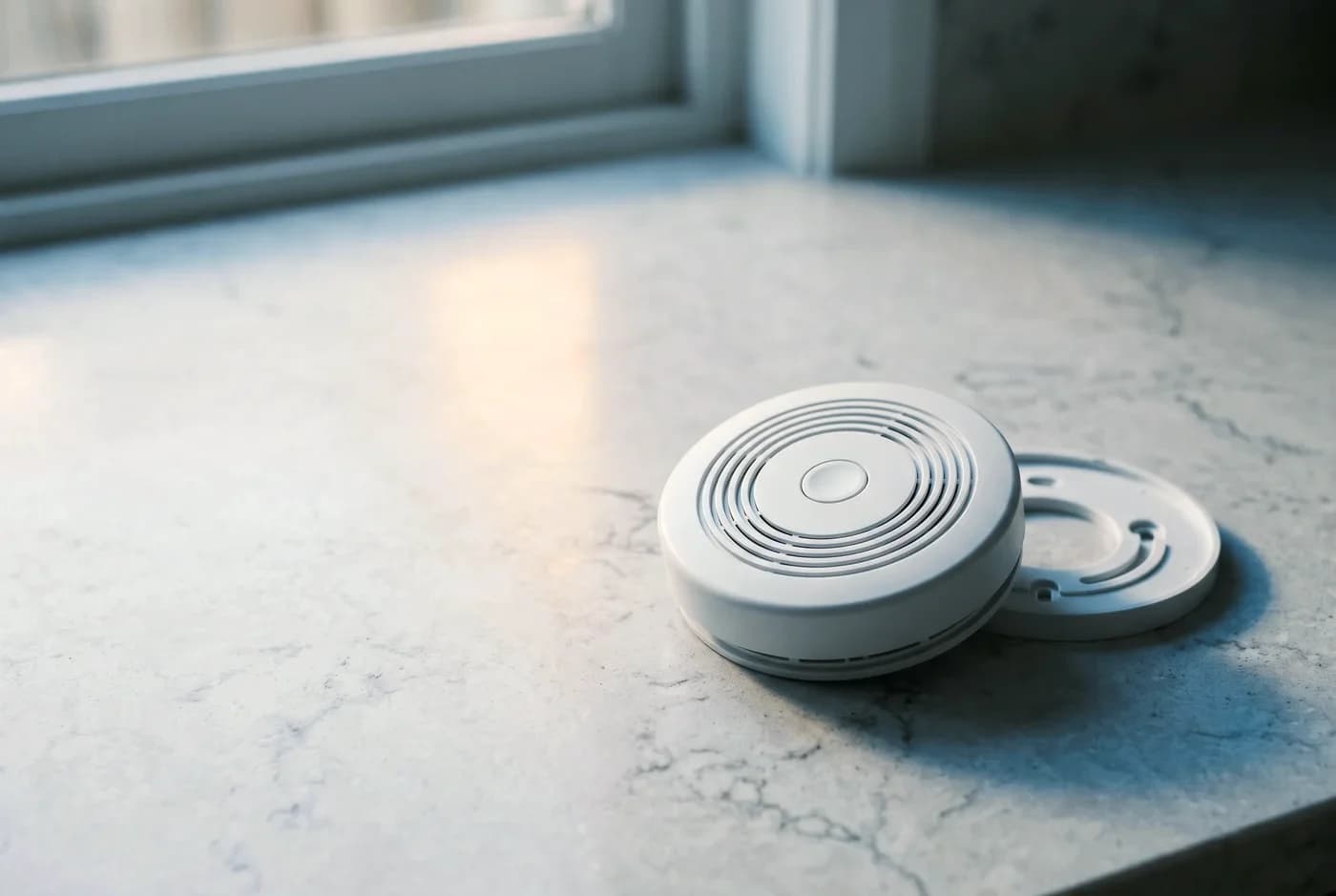 A photoelectric smoke alarm and its sealed mounting plate on a stone benchtop